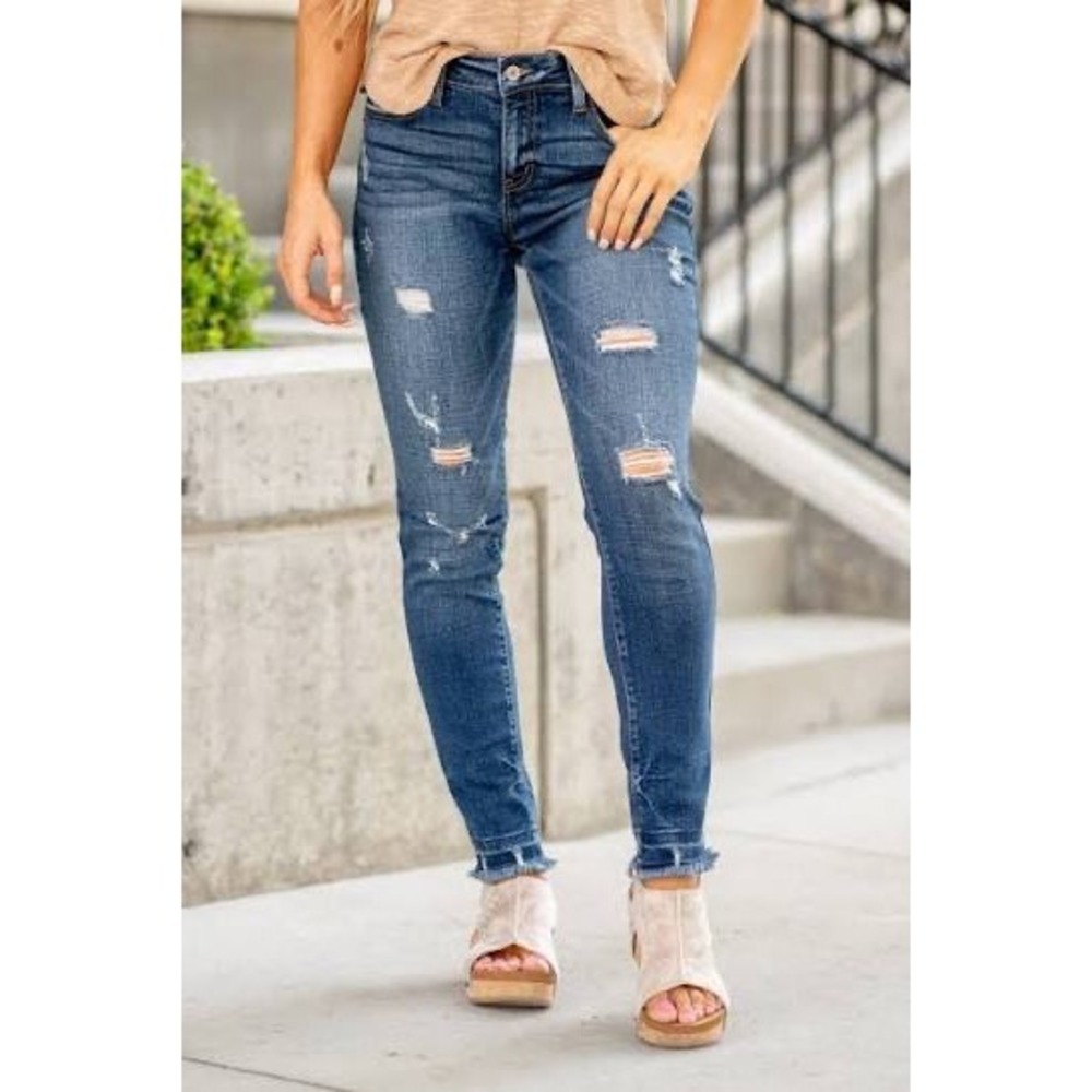 Kancan Distressed Frayed Hem Dark Wash Denim Skinny Jeans kc8347d Size 13/30‎